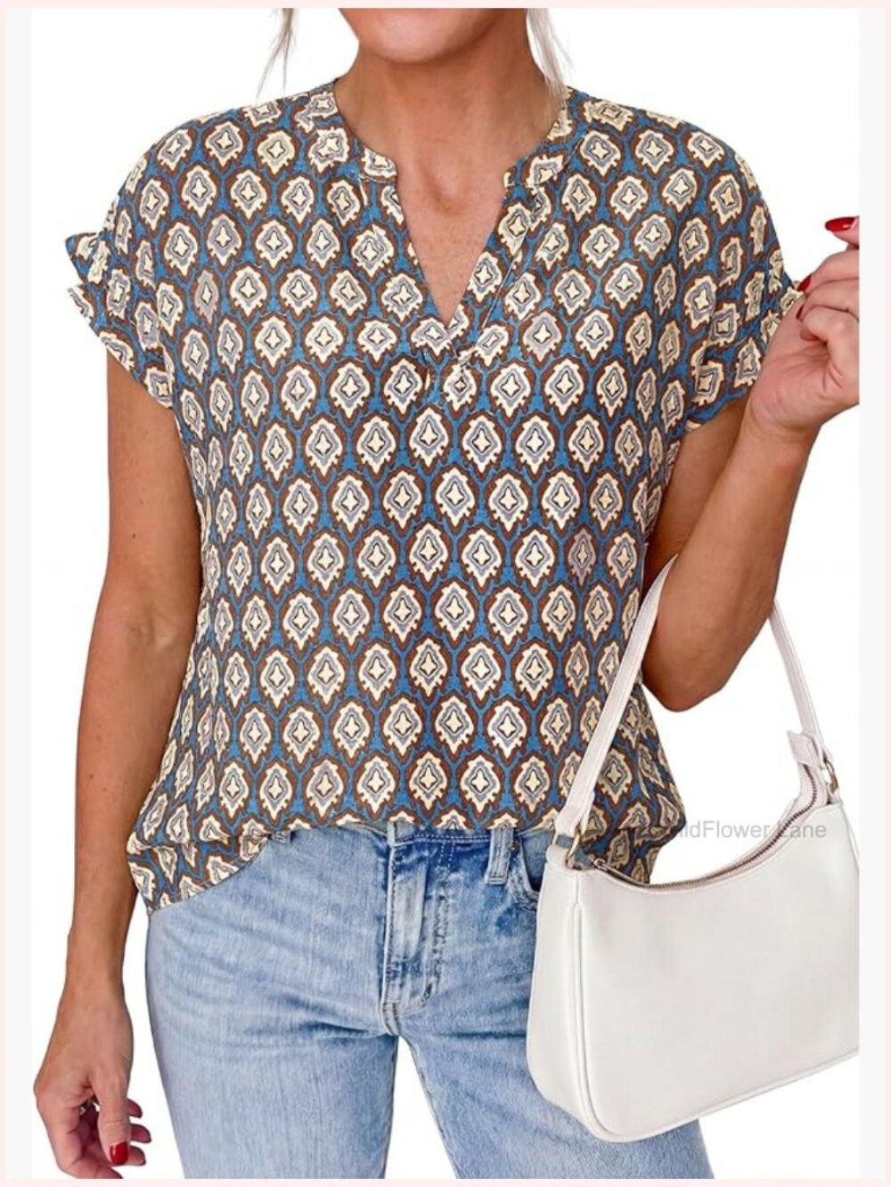 Boho Floral Puff Sleeve V Neck Loose Fit Short Sleeve Blouse
